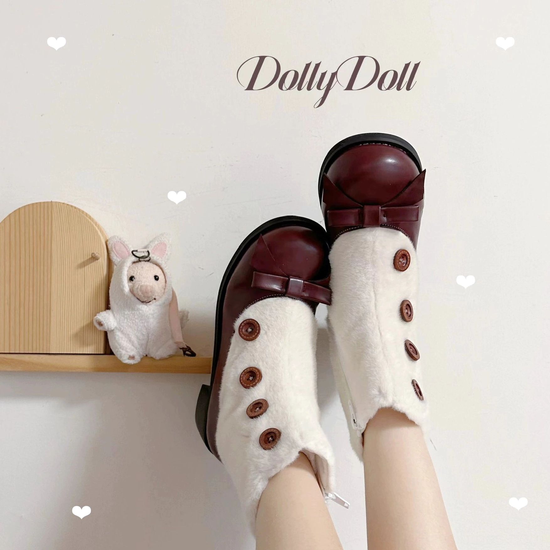 Black and brown lolita winter boots color comparison faux fur detail button embellishments side-by-side styling