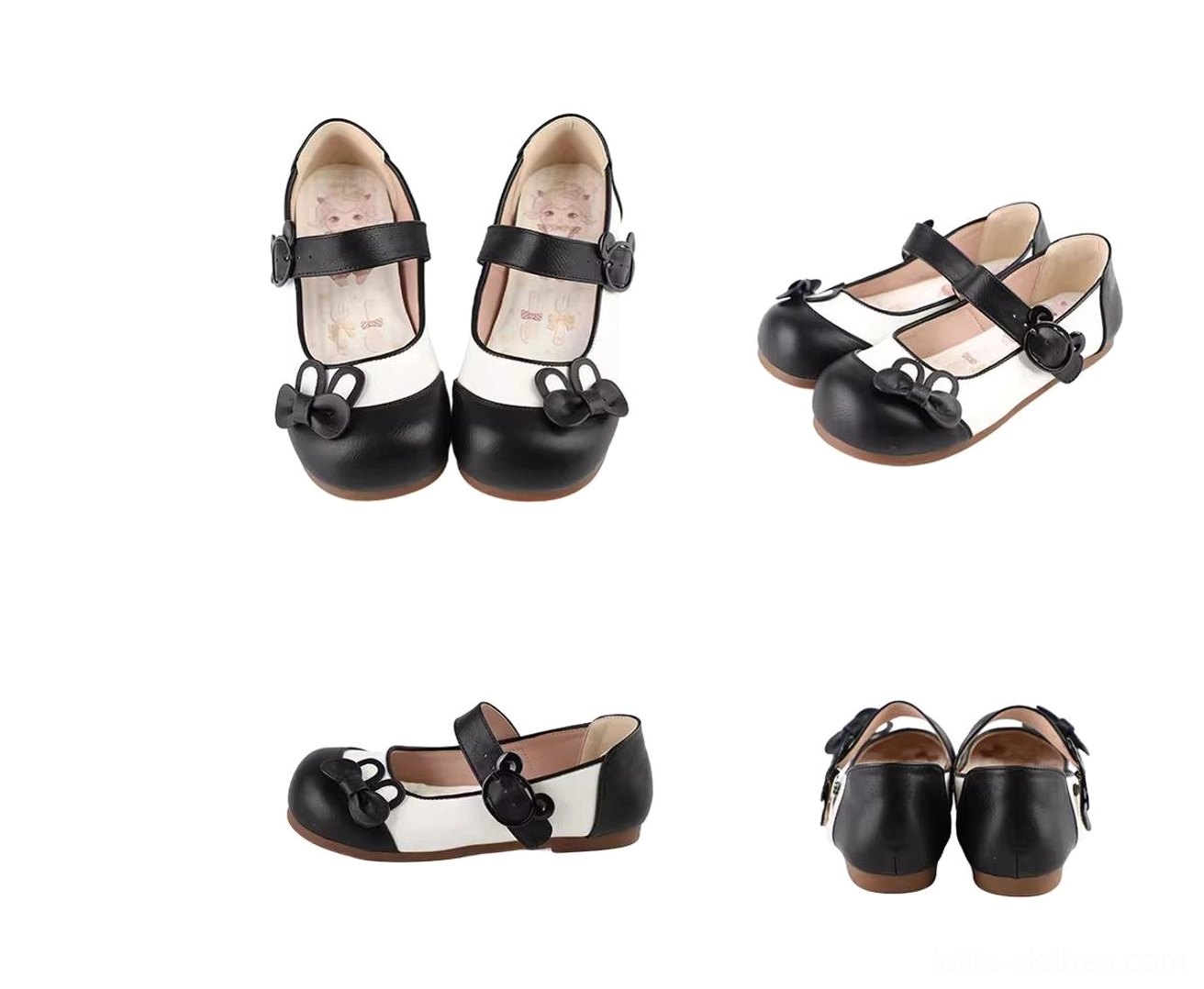 Black bunny ear mary jane lolita flat shoes main product view showing sleek glossy finish bear buckle strap adjustable fitting and round toe silhouette