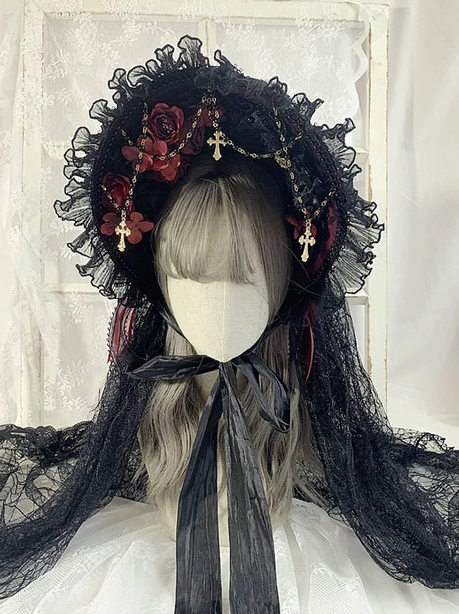 Black and burgundy gothic lolita bonnet front view with cross pendant chains lace frame and burgundy floral decorations