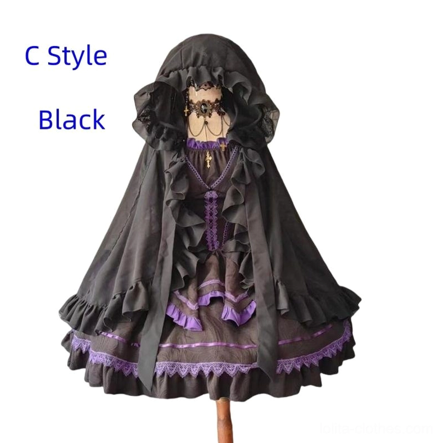 Black C-style sleeveless Lolita hooded cape with layered ruffled trims and gothic styling paired with purple-trimmed dress