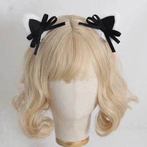 black cat ear sweet lolita headband with detachable bow clip and white lace trim front view flat lay display