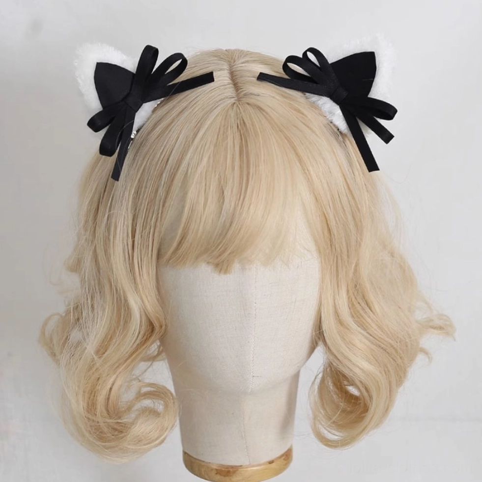 black cat ear sweet lolita headband with detachable bow clip and white lace trim front view flat lay display