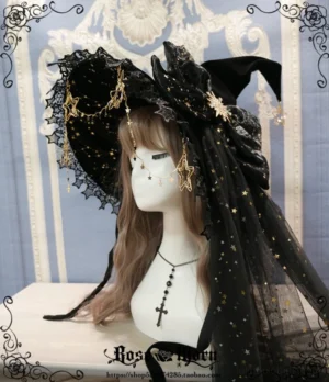 Black celestial witch hat with gilded stars, star-patterned tulle veil, gold star ornaments, and large black velvet bow - gothic lolita Halloween headdress front display