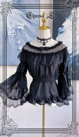Black chiffon Lolita blouse with flared bishop sleeves and lace trim displayed on mannequin