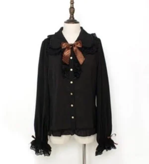 Black Chocolate Heart Lolita long-sleeve blouse front display on dress form showing lace-trimmed collar brown checkered bow and ruffled cuffs