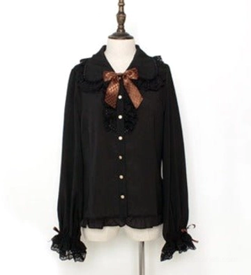 Black Chocolate Heart Lolita long-sleeve blouse front display on dress form showing lace-trimmed collar brown checkered bow and ruffled cuffs