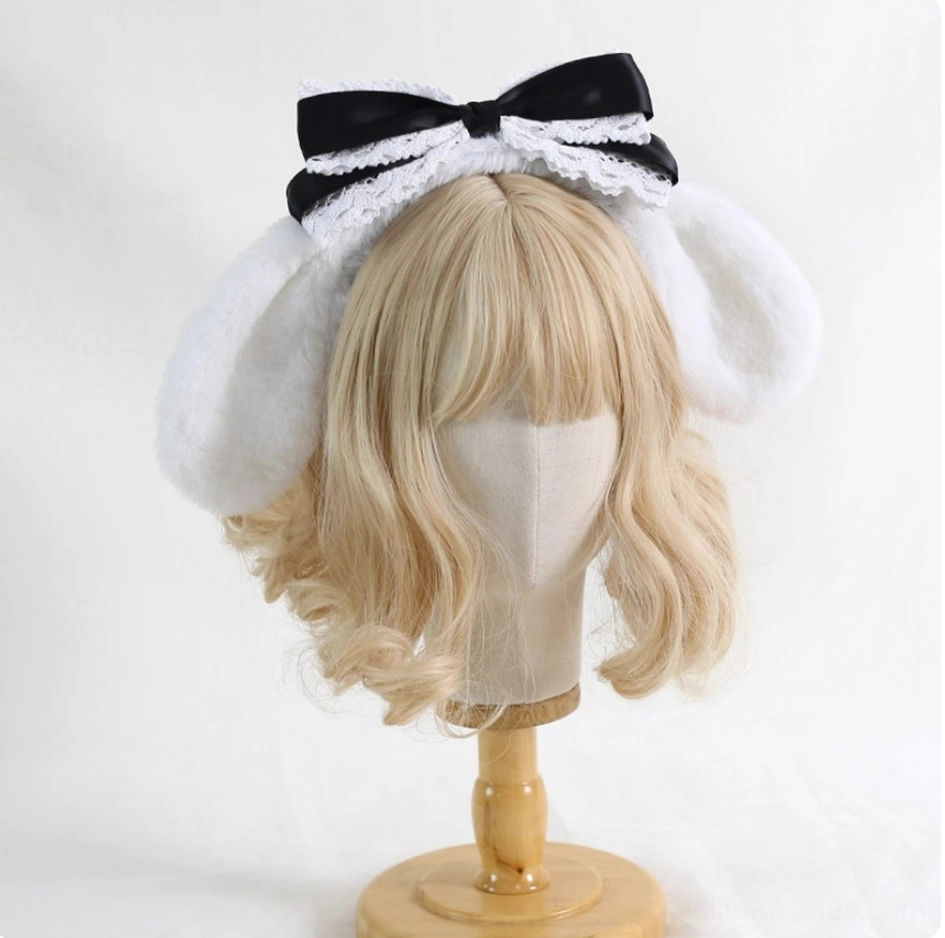 Black Cinnamoroll plush ear lolita hairband with black satin bow and white lace trim elegant gothic sweet lolita headdress accessory