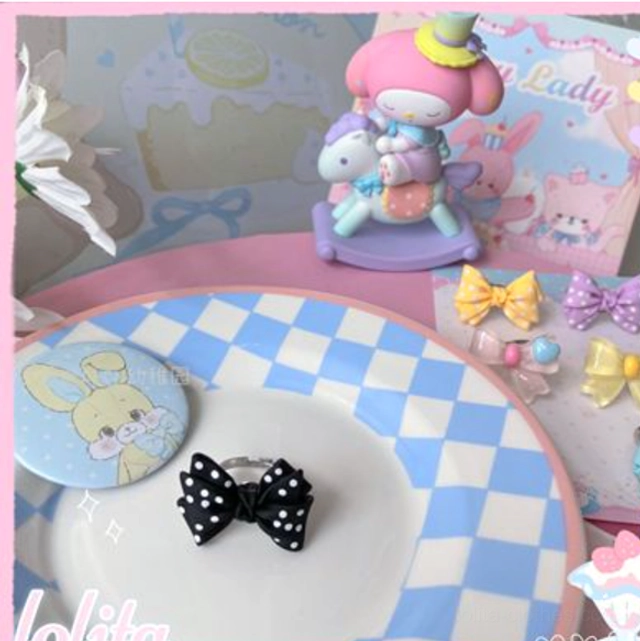 Black classic sweet lolita bowknot adjustable ring with decorative bow design for gothic lolita fashion and sophisticated kawaii accessory styling
