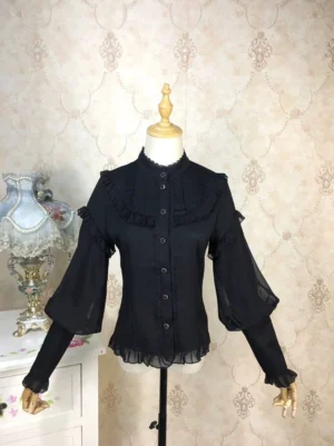 Black classic Lolita mutton sleeve bishop blouse with stand collar and white lace trim cuffs displayed on dress form