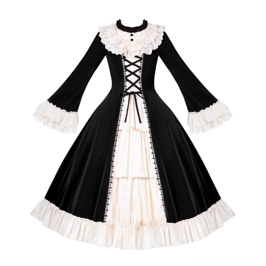 Black classic lolita OP dress beige color-blocking front view elegant silhouette detail