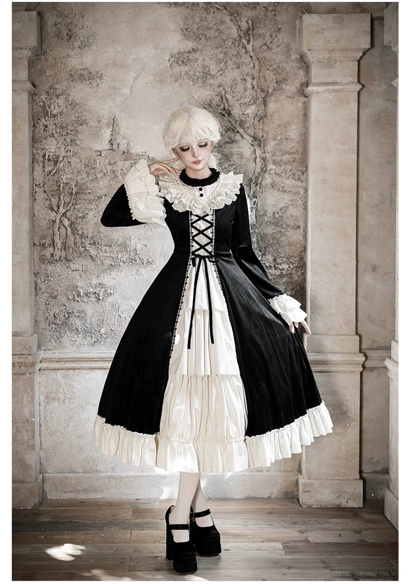 Black classic lolita OP dress with white contrasting ruffled decorations three-quarter side view full-body velvet fabric design