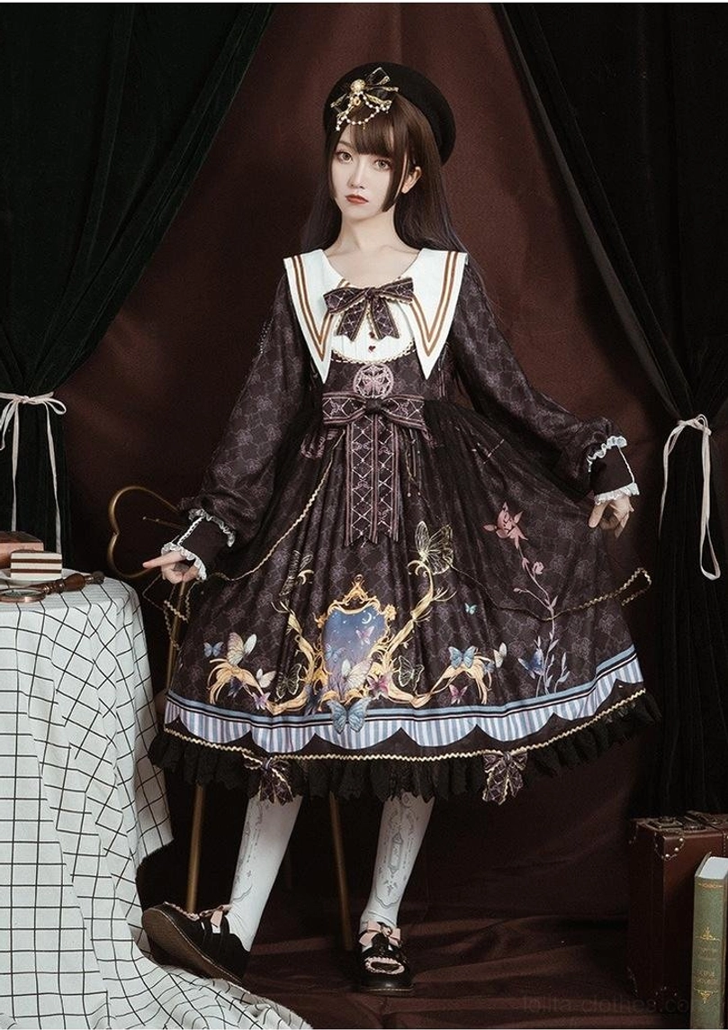 Black sailor collar classic lolita one-piece dress three-quarter view, fitted waist design, full-length puff sleeves with lace cuffs, detachable waist belt, baroque print skirt