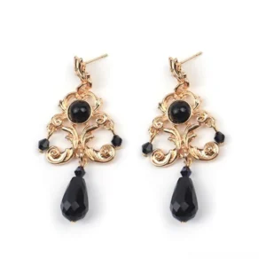 Black crystal vintage Baroque Lolita drop earrings with ornate gold scrollwork setting and black teardrop crystal pendants