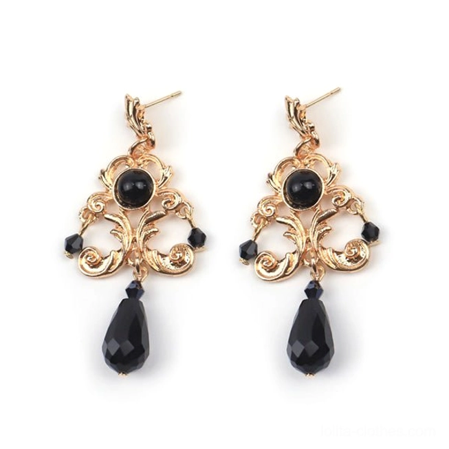 Black crystal vintage Baroque Lolita drop earrings with ornate gold scrollwork setting and black teardrop crystal pendants