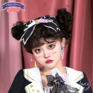Black curly twin-bun lolita wig with lace bow and pink ribbon accent worn by model in preppy style lolita uniform