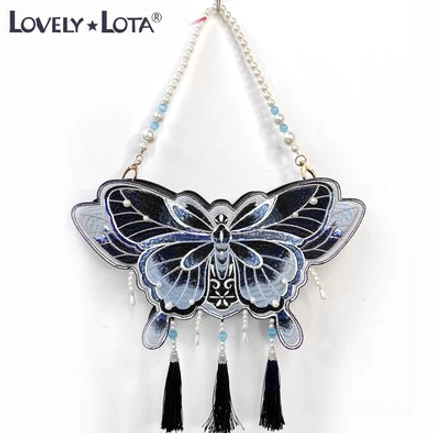 Black and dark blue gradient Chinese Qi Lolita butterfly bag with golden embroidery black tassels and pearl beaded shoulder strap hanging