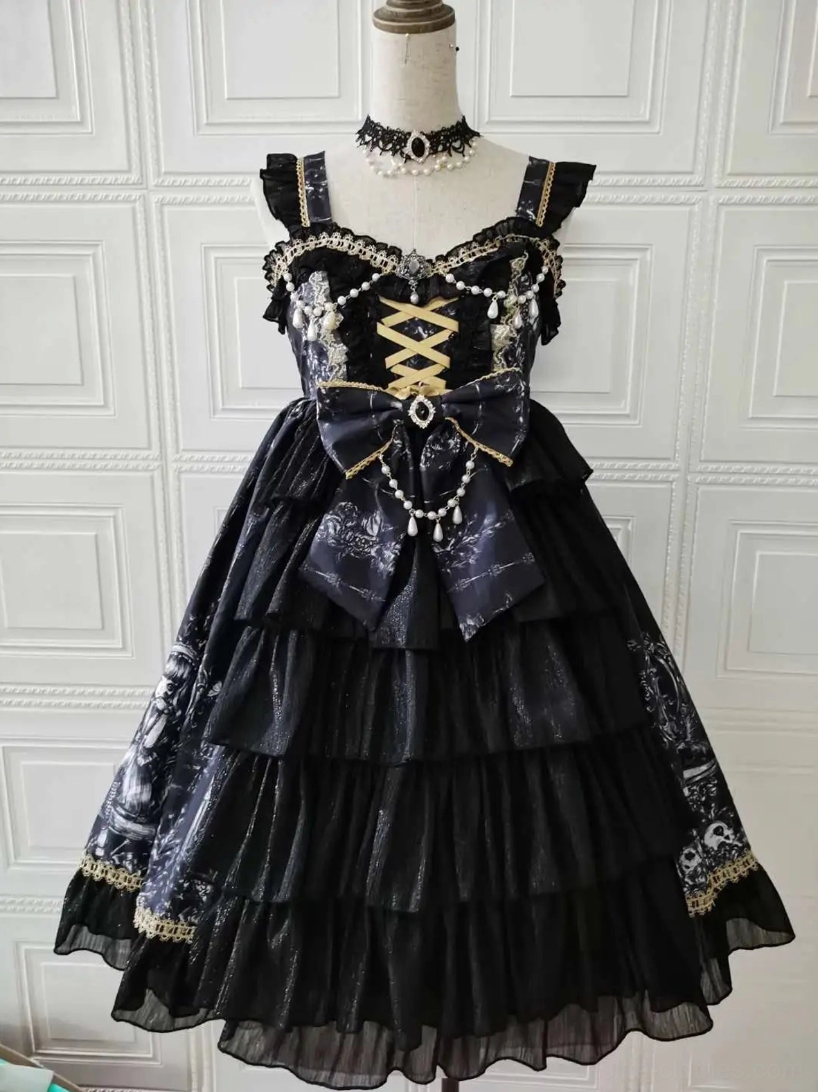 Black Dragon Witch Gothic Lolita JSK Dress complete ensemble view featuring all design elements including front opening, tiered ruffles, and detachable waist bow