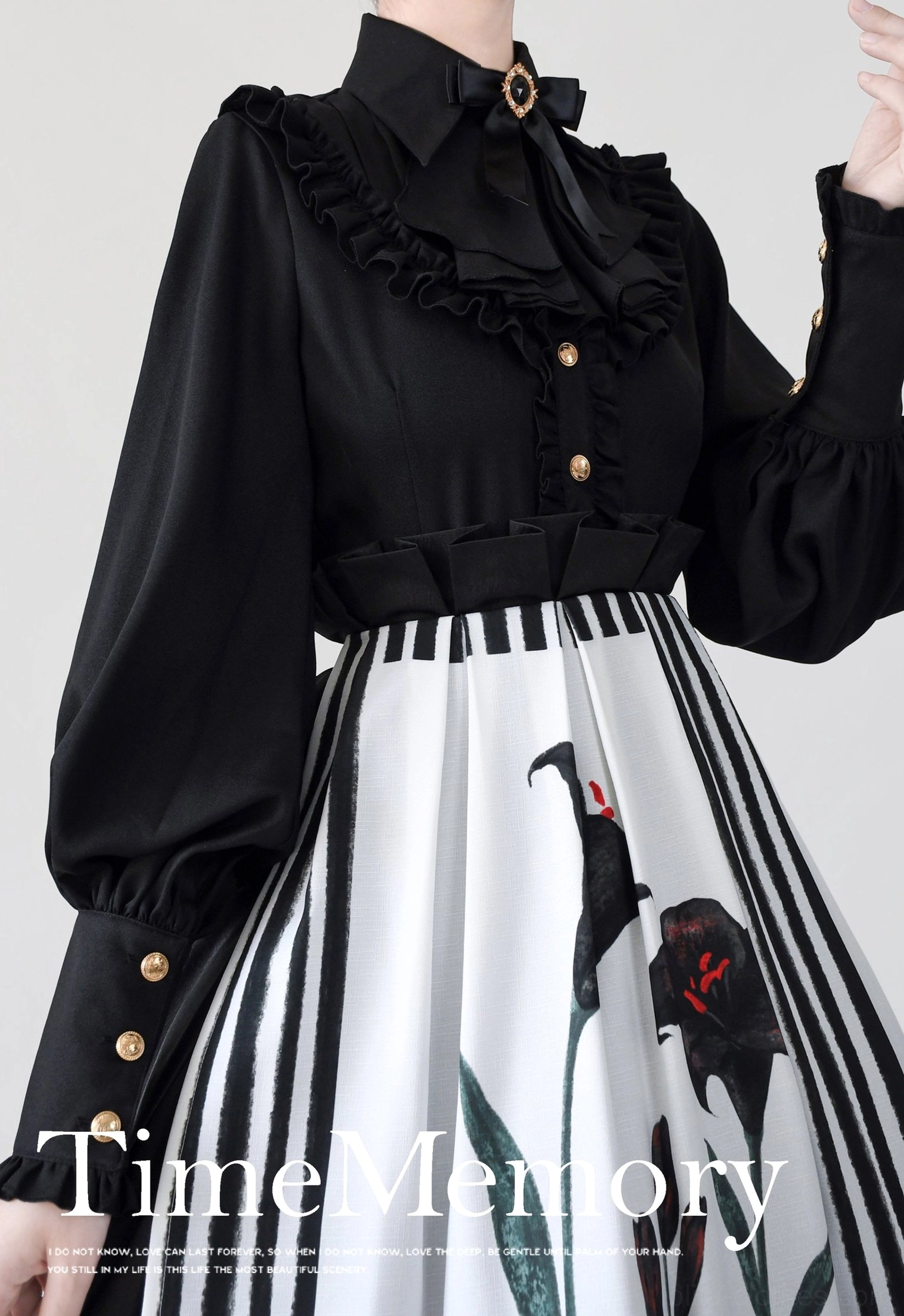 Black elegant Lolita blouse with ruffled stand collar front buttons puff mutton sleeves crane print half skirt vertical stripes