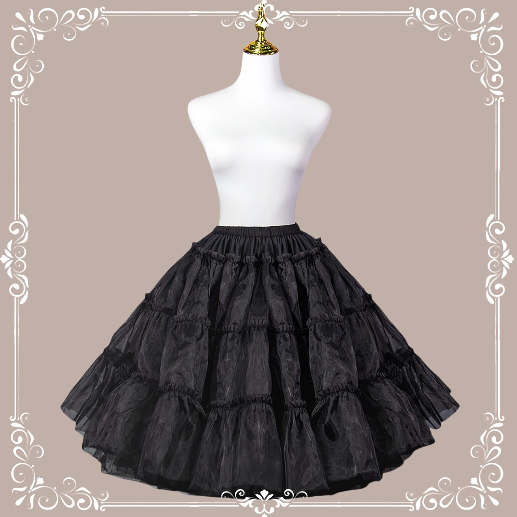 Black extreme fluffy A-line petticoat 60cm front view on dress mannequin, showing full volume and four-layer organza structure for lolita fashion