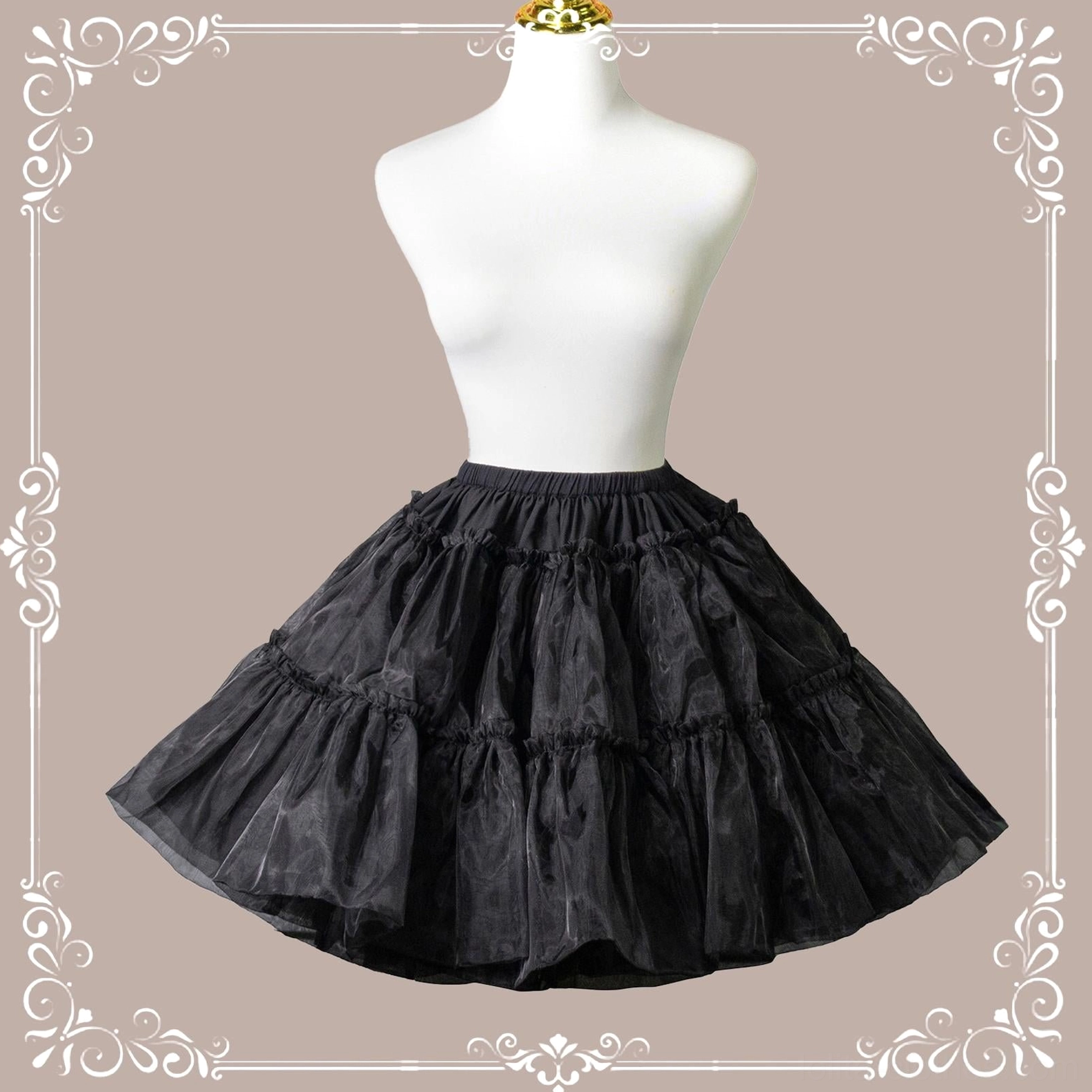 Black extreme puffy lolita petticoat front three-quarter display on dress form with multi-layer ruffled tulle elegant formal silhouette
