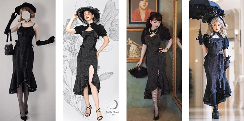 Black fishtail Lolita dress long length option showing elegant trailing hem, adjustable chest bow and slim silhouette perfect for formal Lolita occasions and photo shoots