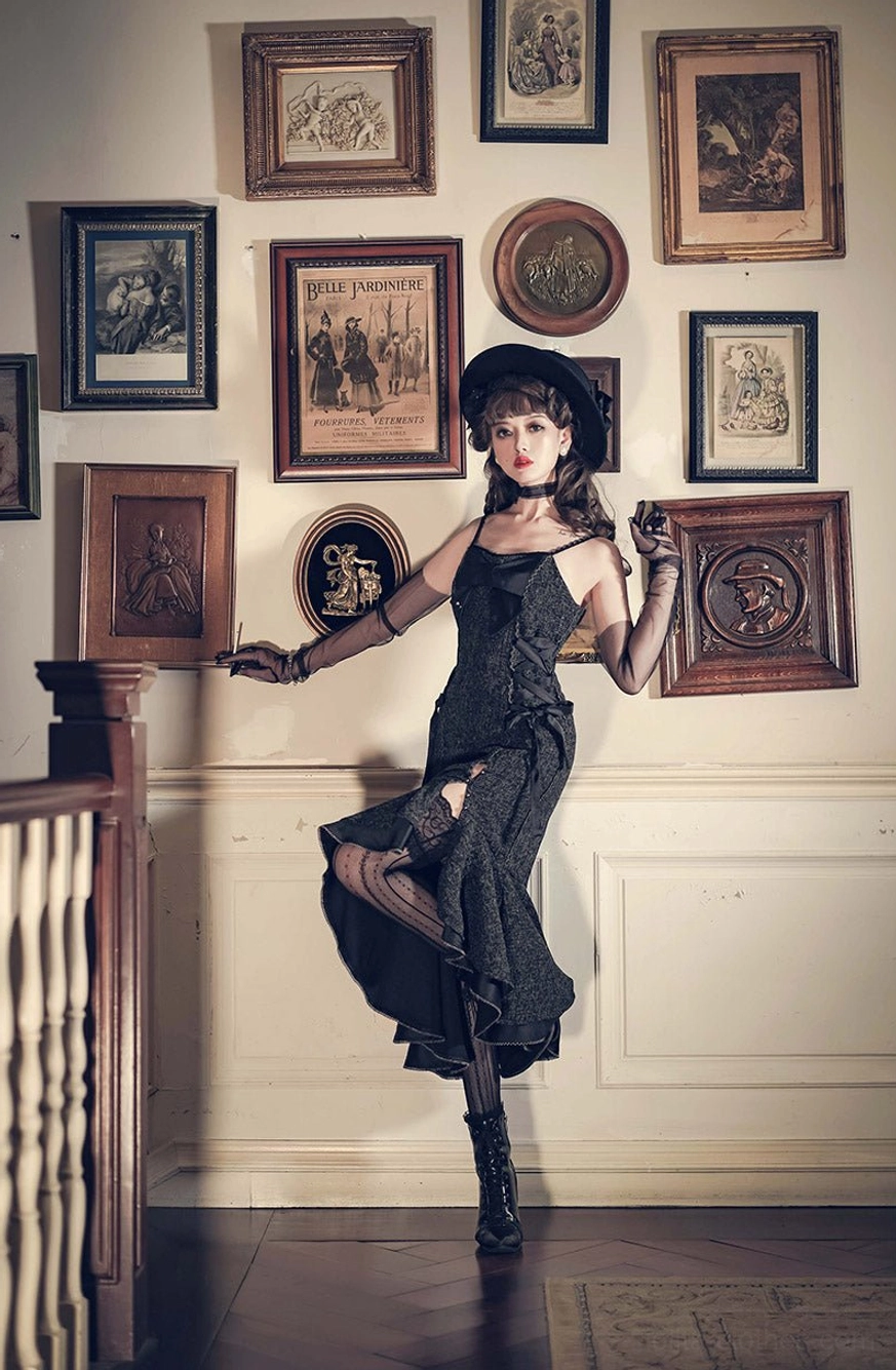 Black fishtail slip Lolita dress with low back design and high side slit creating elegant midi silhouette, dynamic leaning pose with mesh gloves in vintage photo hallway
