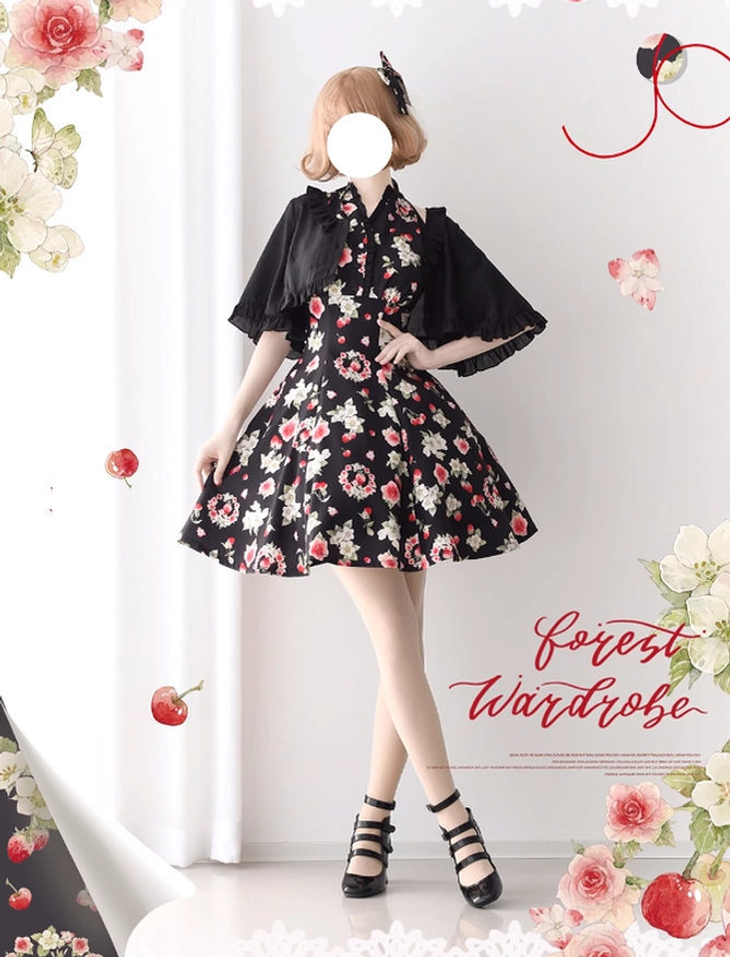 Black floral print Lolita outfit featuring flutter ruffled short sleeves, dark romantic rose pattern, A-line mini dress silhouette with matching cropped cardigan, promotional poster background