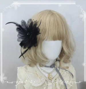 Black floral feather lolita KC hairband headdress with pearl accents front three-quarter view on mannequin