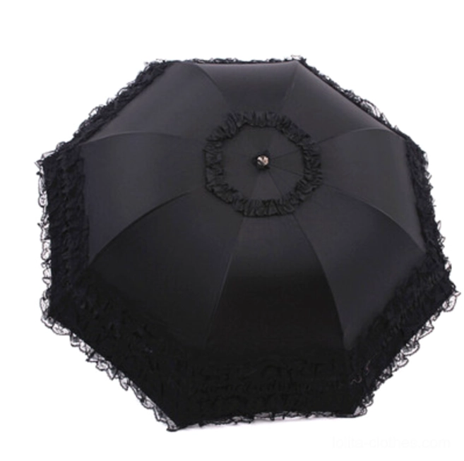 Black foldable sun parasol with octagonal canopy, full front view showcasing ruffled lace trim around edge and central top rosette decoration, pure product display