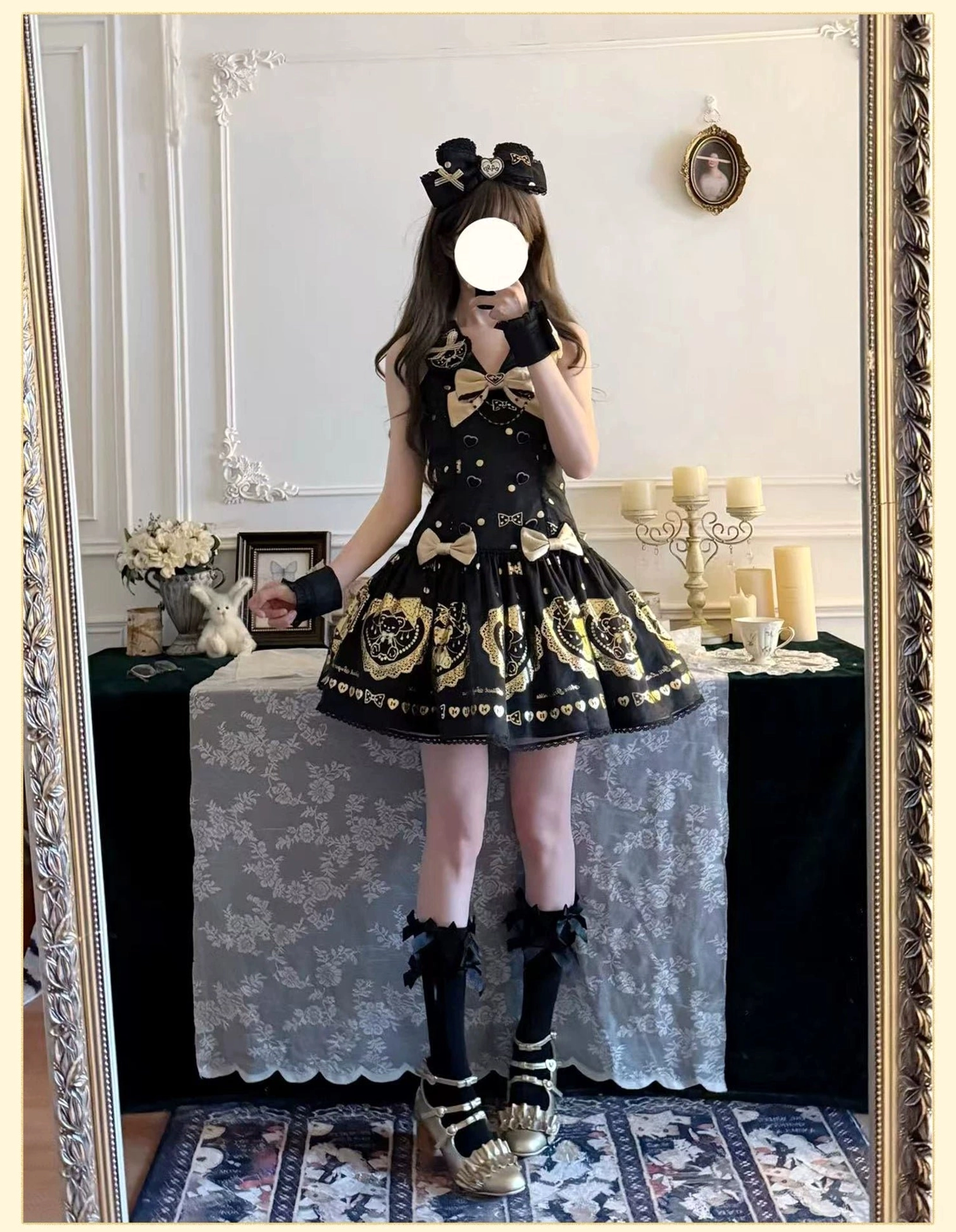 Detail shot of lolita dress shirring construction in back panels showing how adjustable back design provides sizing flexibility and inclusive fit for different body types