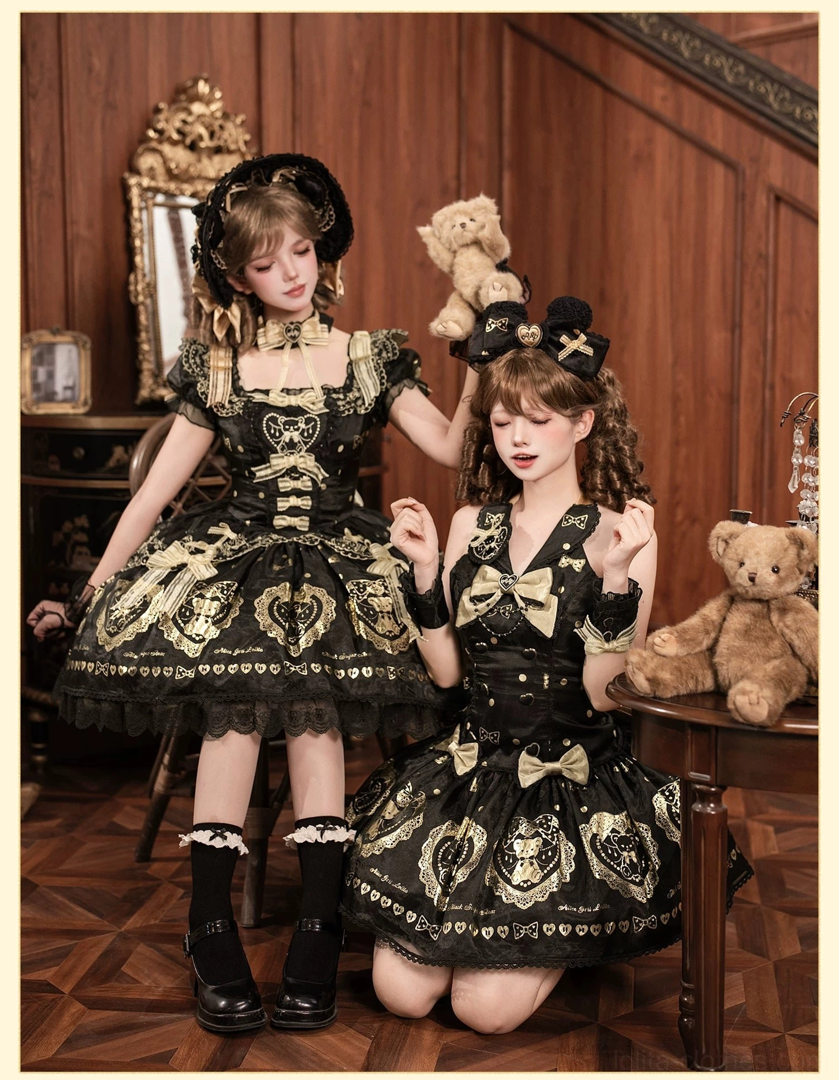 Additional detail view of black and gold bear print lolita dress showcasing hot-stamped metallic bear motifs, delicate lace embellishments, and classic old school lolita construction elements