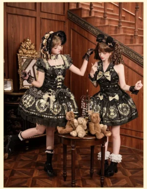 Two female models in classic black and gold bear print lolita dresses beside vintage staircase, demonstrating dynamic styling with coordinating hair accessories and elegant lace embellishments