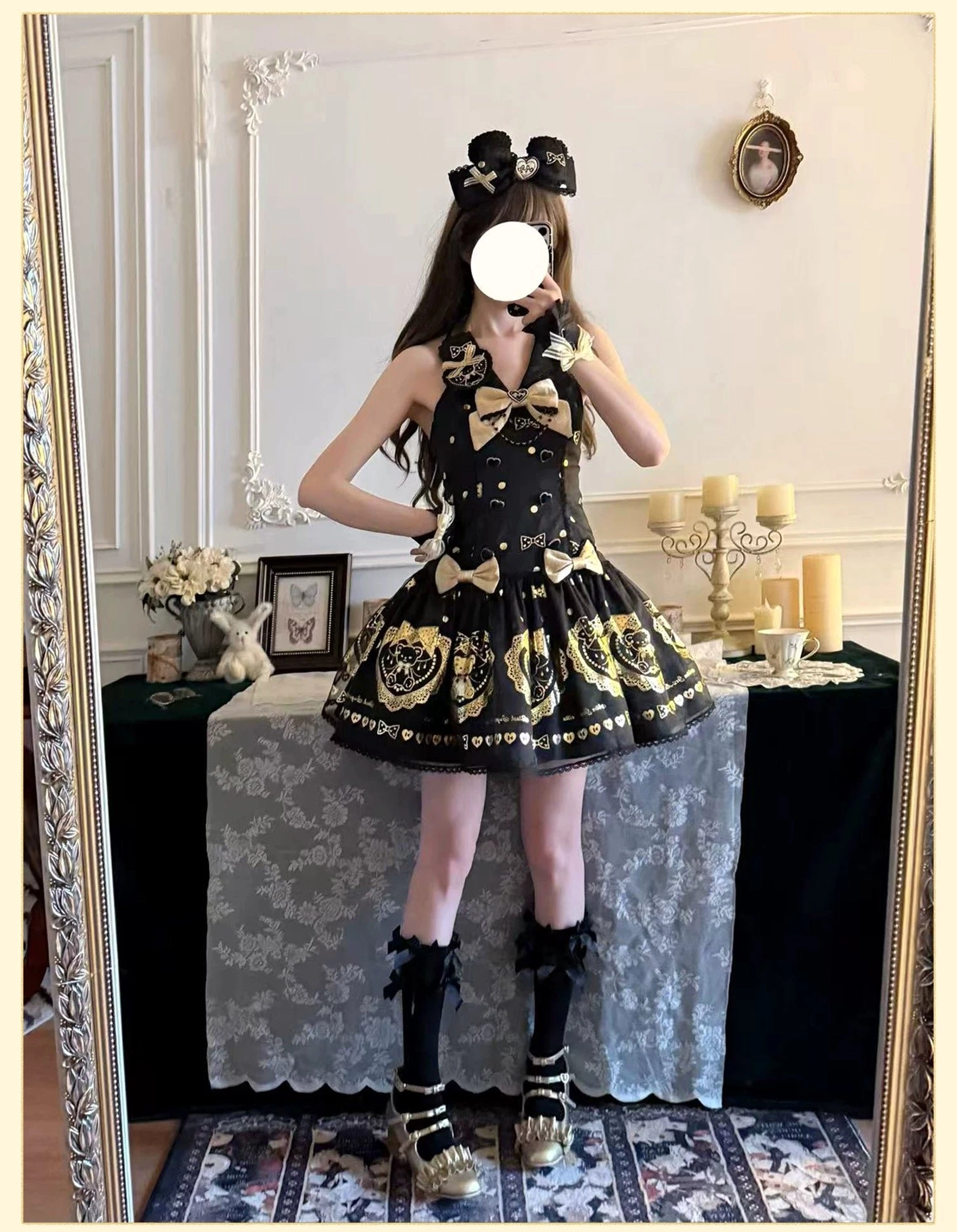 Full-body display of OP dress version showing sleeve construction, shoulder fit, waist definition, and how classic short-sleeve design creates traditional old school lolita silhouette