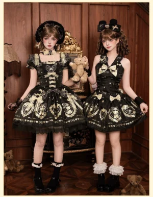 Twin black and gold bear print lolita one-piece dresses on models in vintage interior setting with teddy bear props, showcasing classic old school lolita aesthetic with ruffled hems and decorative bows