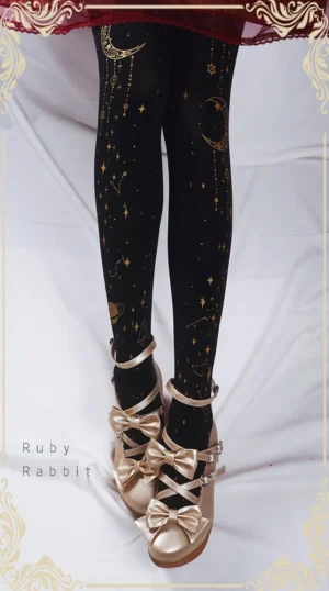 Black velvet Lolita tights with gold foil moon star constellation prints styled with burgundy Lolita skirt and gold bow Mary Jane shoes classic elegant coordinate