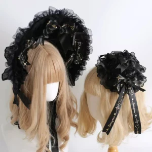 Black and gold classic lolita headdresses displayed on blonde mannequin wig showing front and side views with ruffled black lace trim gold stamping satin ribbon bows and layered bow decorations