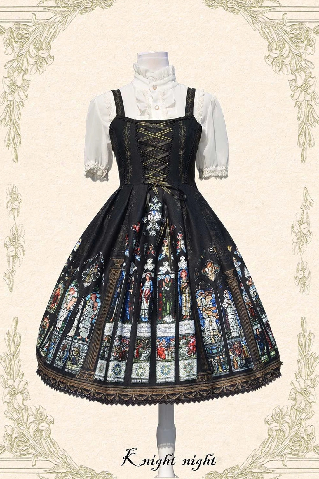 Black with Gold Saint Priest Lolita Jumper Skirt front display showing cross-strap harness, stained glass print, and golden lace hem detail combination