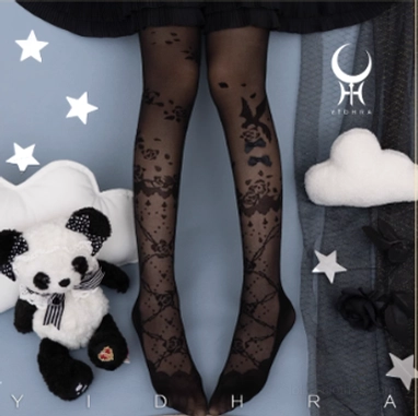 Black gorgeous-thin section lolita stereo tights with dimensional floral and butterfly lace patterns, ruffled ankle cuff detail, premium 20D silk construction for gothic elegant coordinate styling