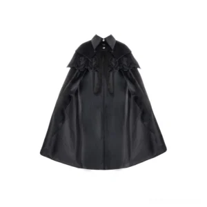 Black Gothic Lolita detachable 2-piece cape set flat lay display showing both short capelet and long cape with fanged collar and vine embroidery