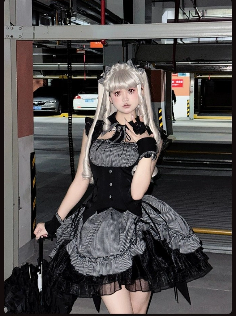 Black gothic Lolita accessories set cuffs badge all-black monochromatic styling
