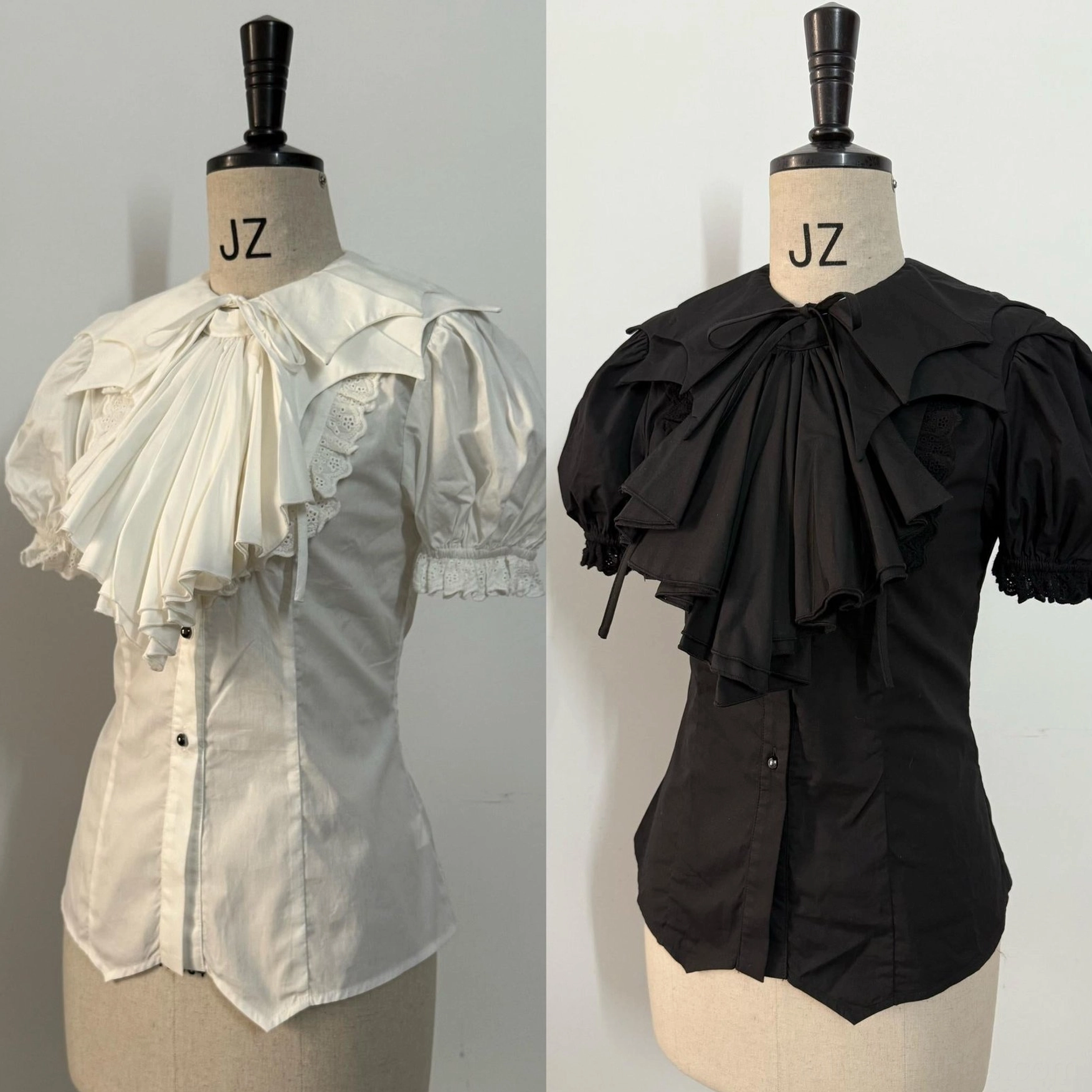 Black slim-fit Gothic Lolita collar shirt with bow-decorated detachable jabot and puff short sleeves, full front dress form view