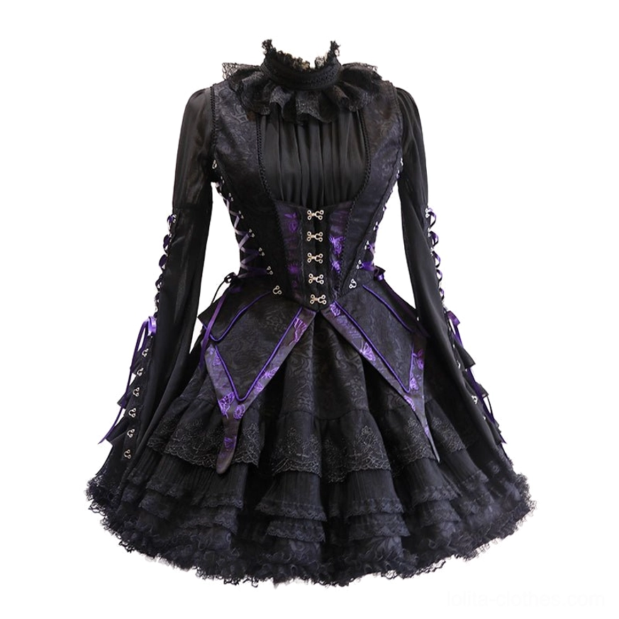 Gothic lolita blouse in black featuring high stand collar, bishop sleeve puff design with gathering, lace ruffle neckline trim, butterfly-pattern lace cuffs, back zipper functionality