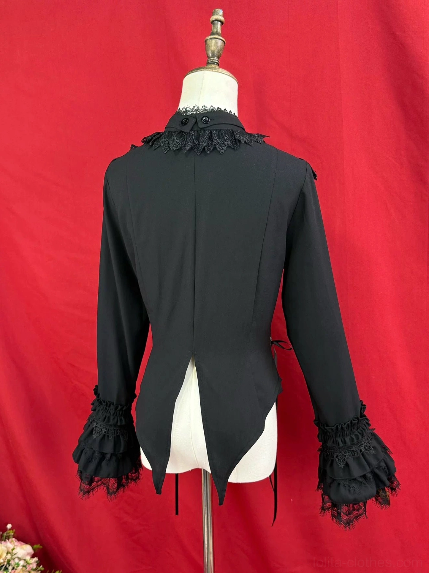 Black Gothic Lolita blouse back view lace stand collar slim fit asymmetrical slit hem lace-trimmed cuffs