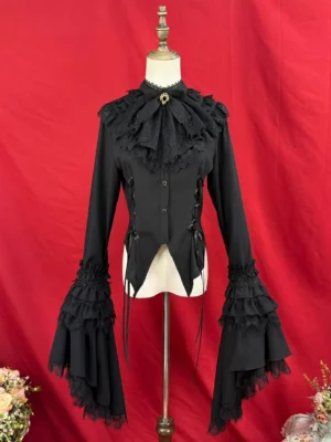 Black Gothic Lolita blouse with ruffled lace jabot tiered bell sleeves and bat-wing asymmetrical hem front display