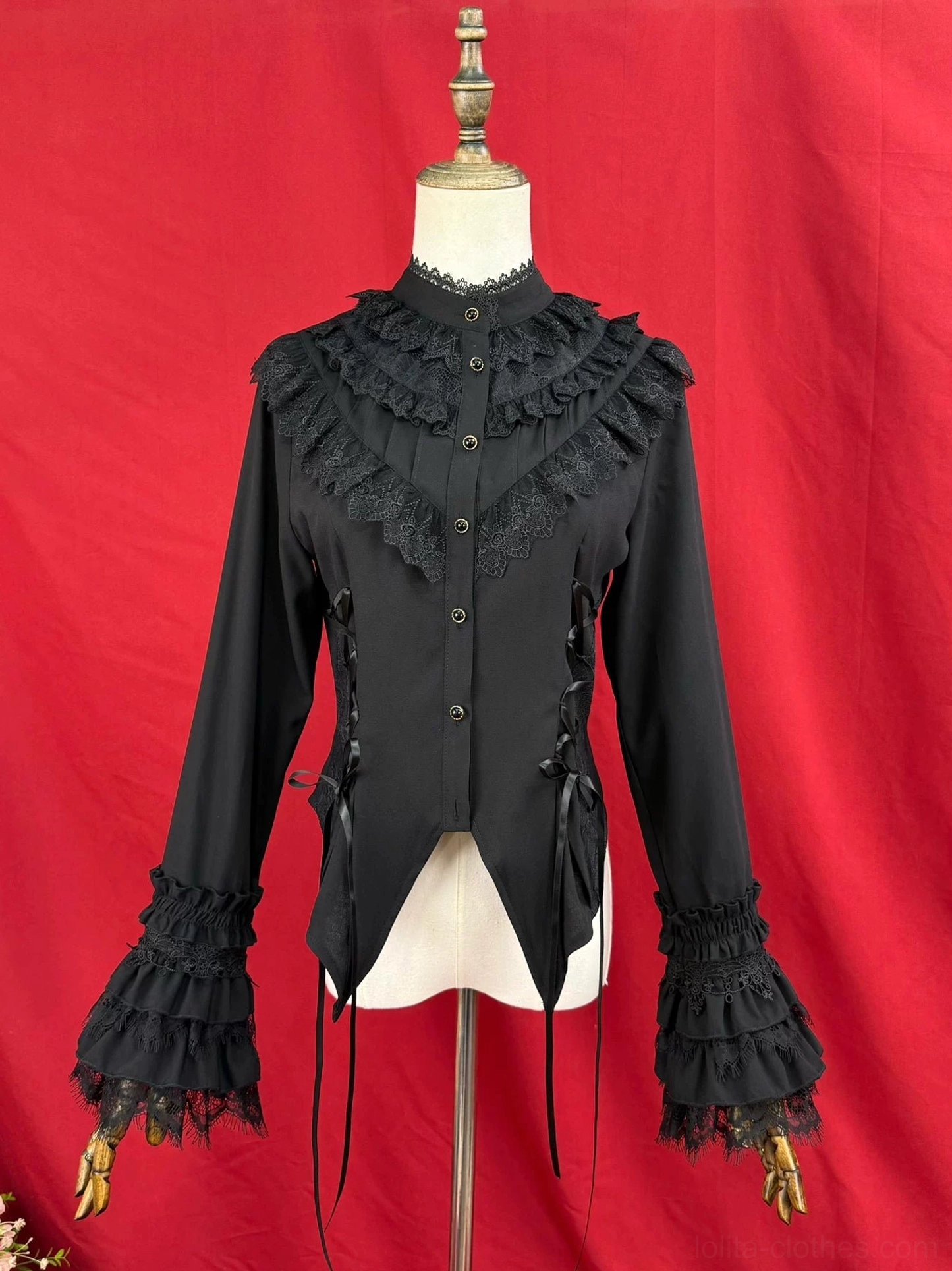 Black Gothic Lolita blouse lace-trimmed front placket tiered bell sleeves bat-wing asymmetrical hem detail