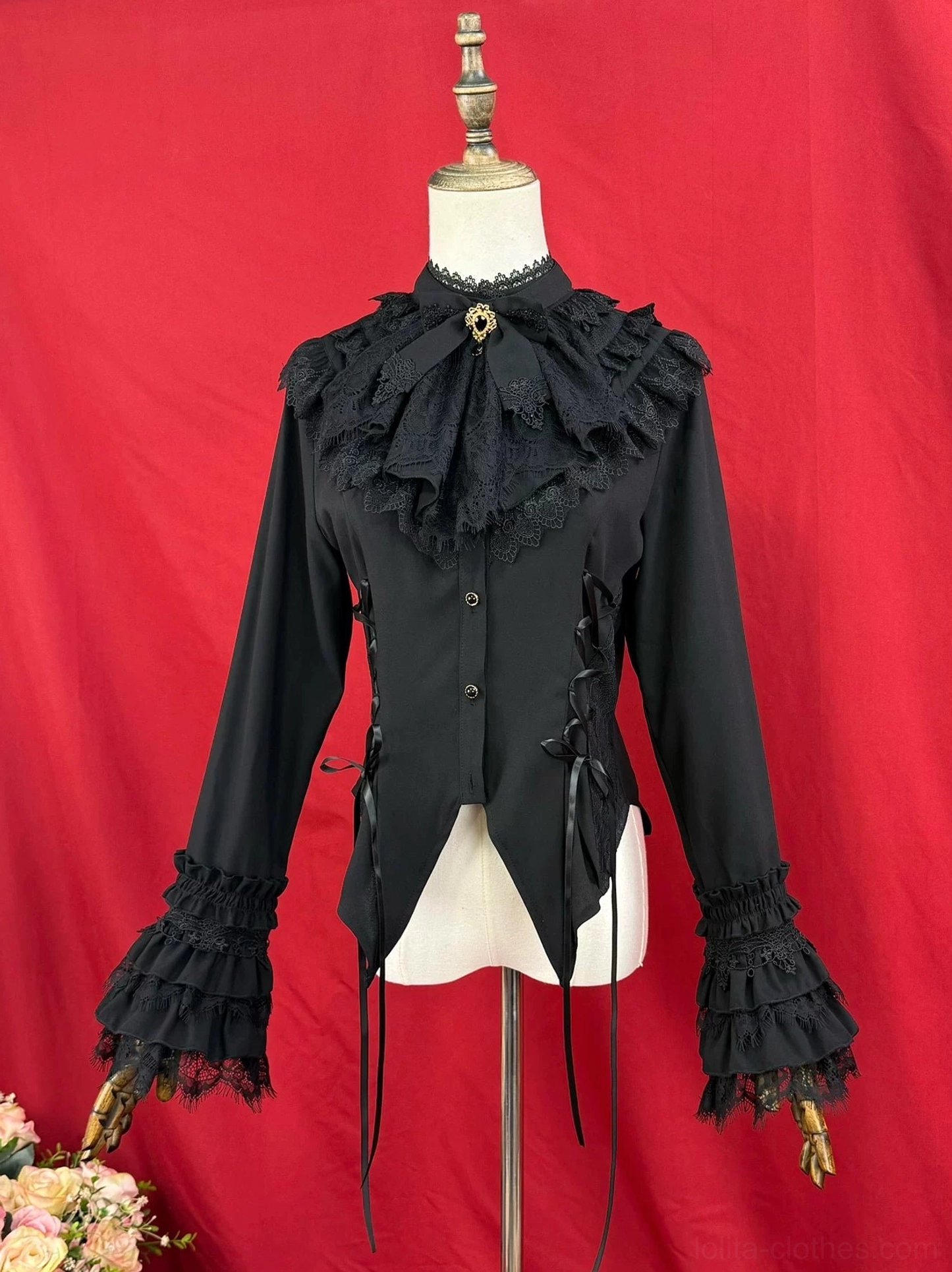 Black Gothic Lolita long-sleeve blouse ruffled lace jabot tiered bell sleeves bat-wing hem side lacing