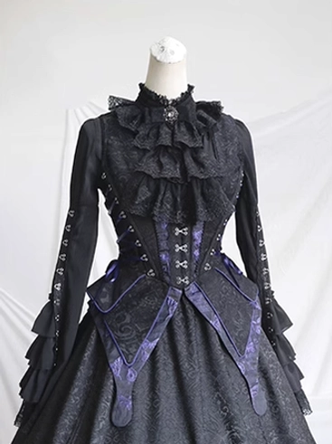 Gothic lolita black blouse standalone product shot displaying bishop sleeve detail, high stand collar, lace ruffle neckline, back zipper functionality, and slim-fit silhouette