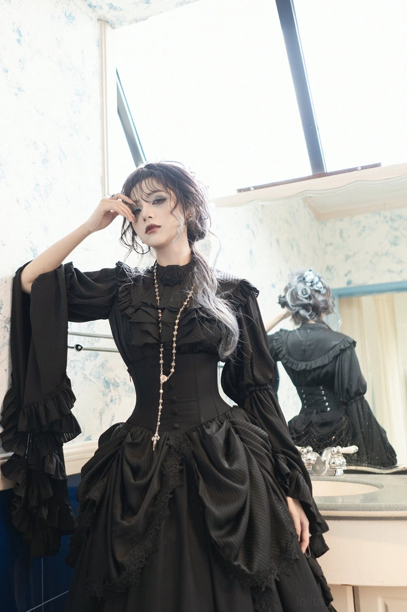 Black gothic lolita princess sleeve blouse with vintage gloves and lolita fashion accessories styling presentation