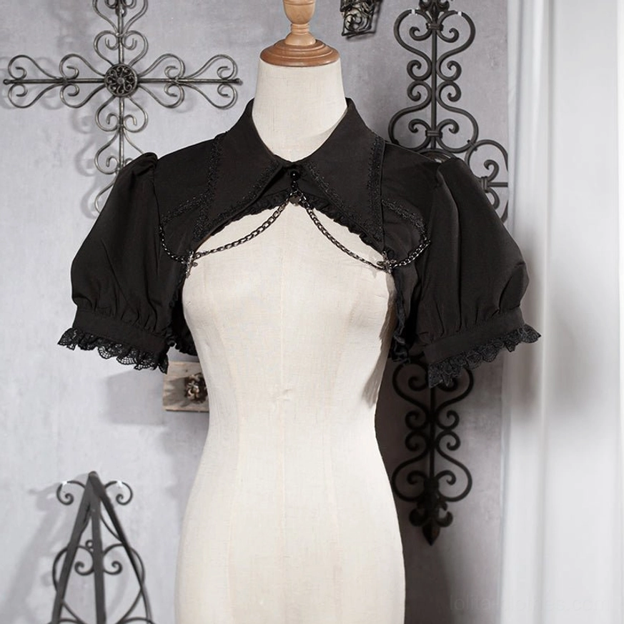 Classic black matte gothic puff sleeve bolero with ruffled lace and front metal chain accent