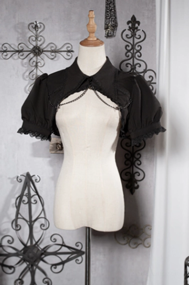 Black gothic lolita cropped bubble bolero with puff sleeves lace trim metal chain chest decoration tailored lapel collar front flat view on dress form